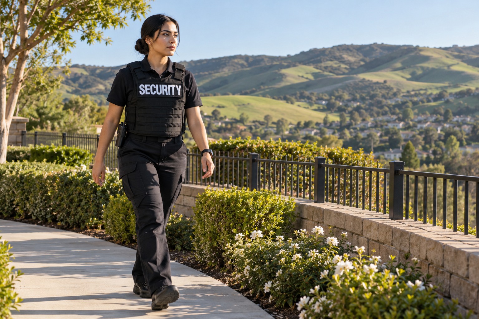 A Middle Eastern female officer walking alone beside landscaped community perimeter in Chino Hills, rolling green hills beyond, afternoon side lighting, low angle.