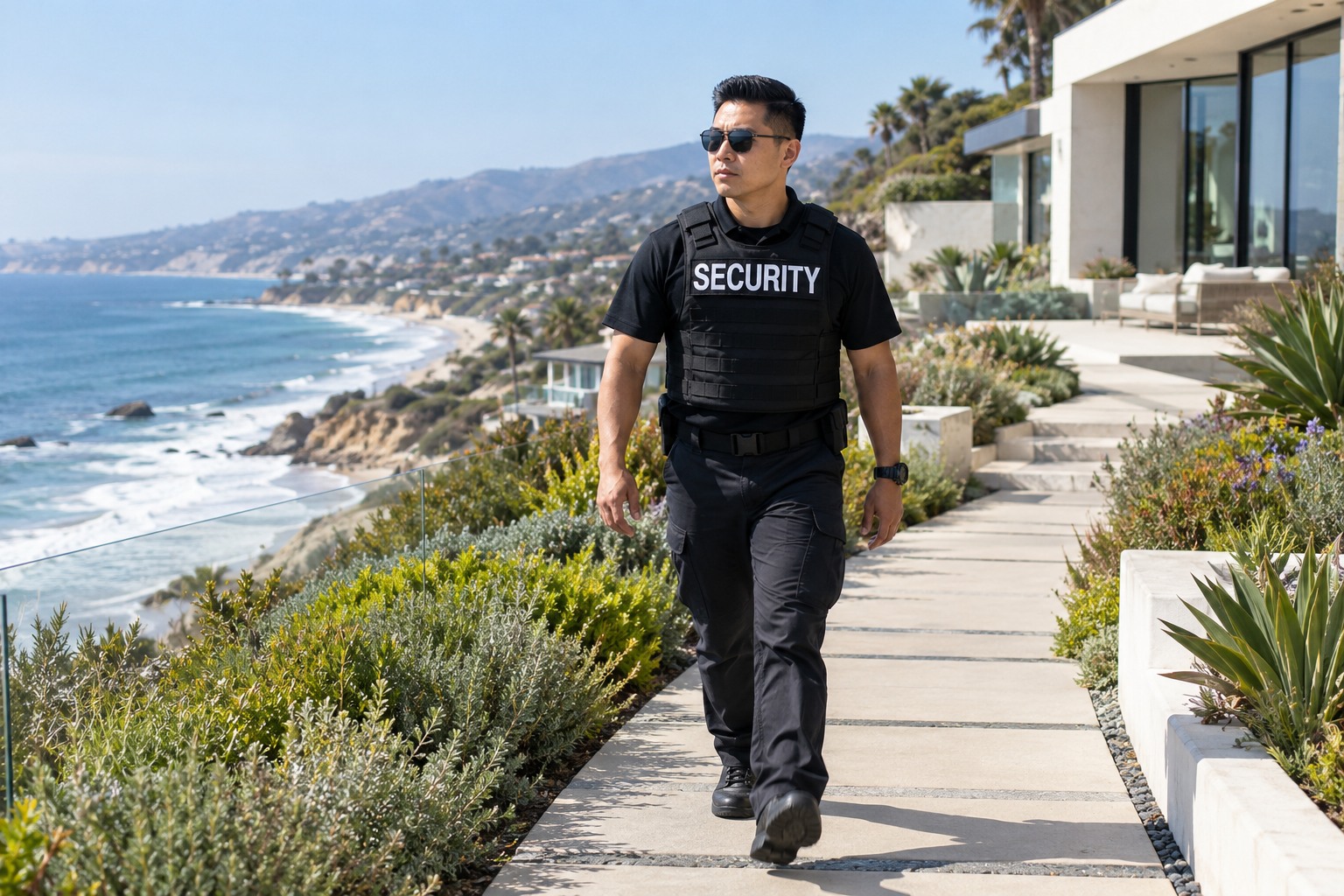 An Asian male officer patrolling a coastal property footpath in Malibu, ocean and modern house in wide background, breezy afternoon, full body walking toward camera.