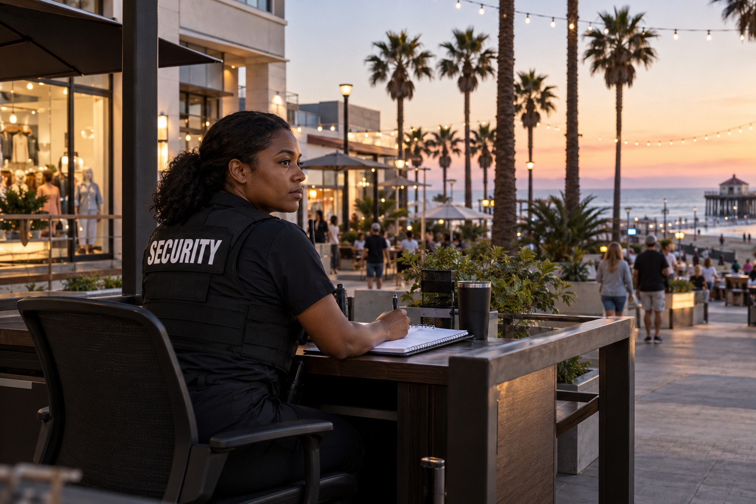 A Black female officer monitoring a beachside retail courtyard in Manhattan Beach, early evening, seated at a discreet outdoor security station with notebook, wide environmental composition.