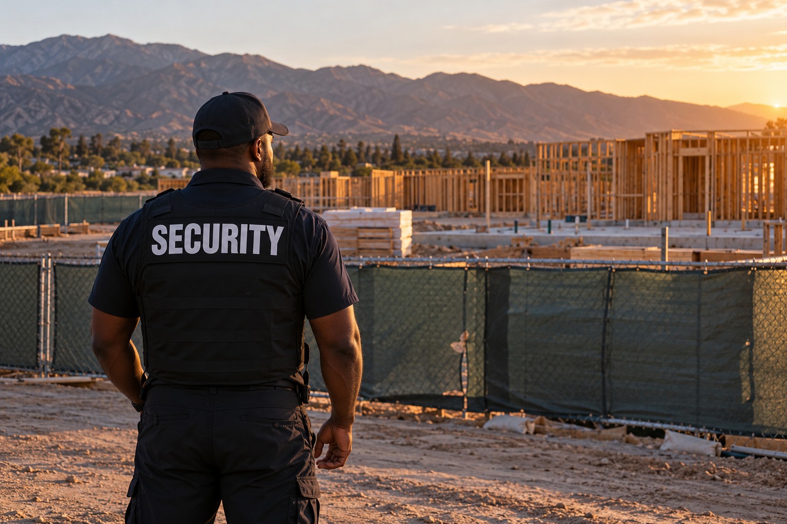 A Black male officer standing watch outside a construction fence in Upland, San Gabriel mountains and unfinished framing, golden hour, environmental rear view.