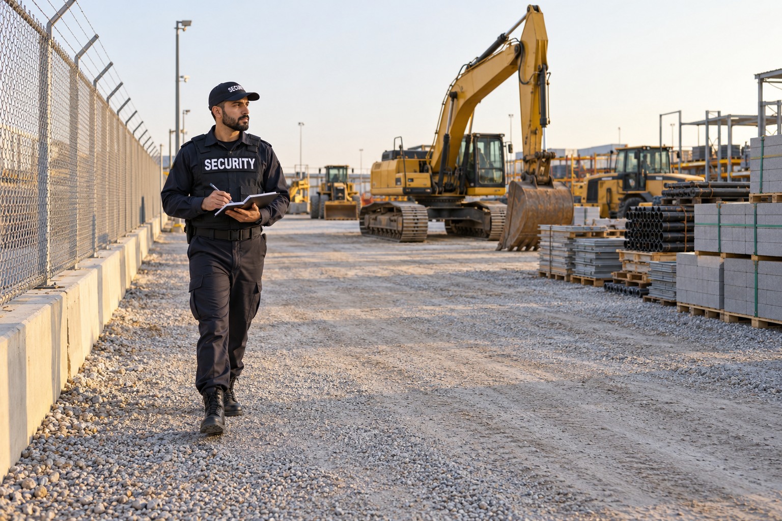 A Middle Eastern male security officer walking a construction equipment yard perimeter with a notebook, excavator and complete stacks of materials beyond, full body head to toe and complete hands with generous margins.