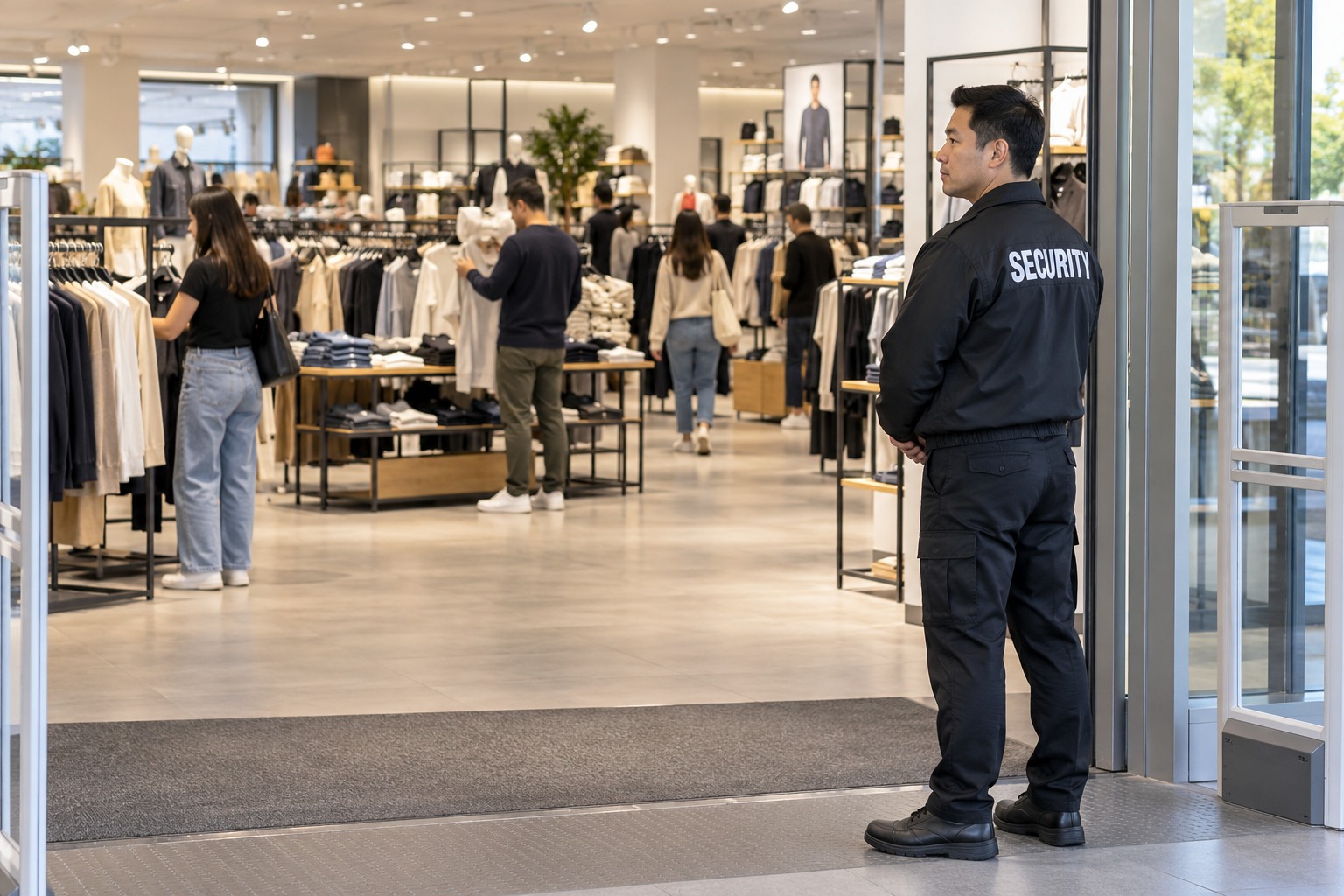 An Asian male unarmed security officer quietly observing clothing store aisles from near the exit, clothing racks, shoppers in background. No conversation. Full body and entire head and hands, generous margins.