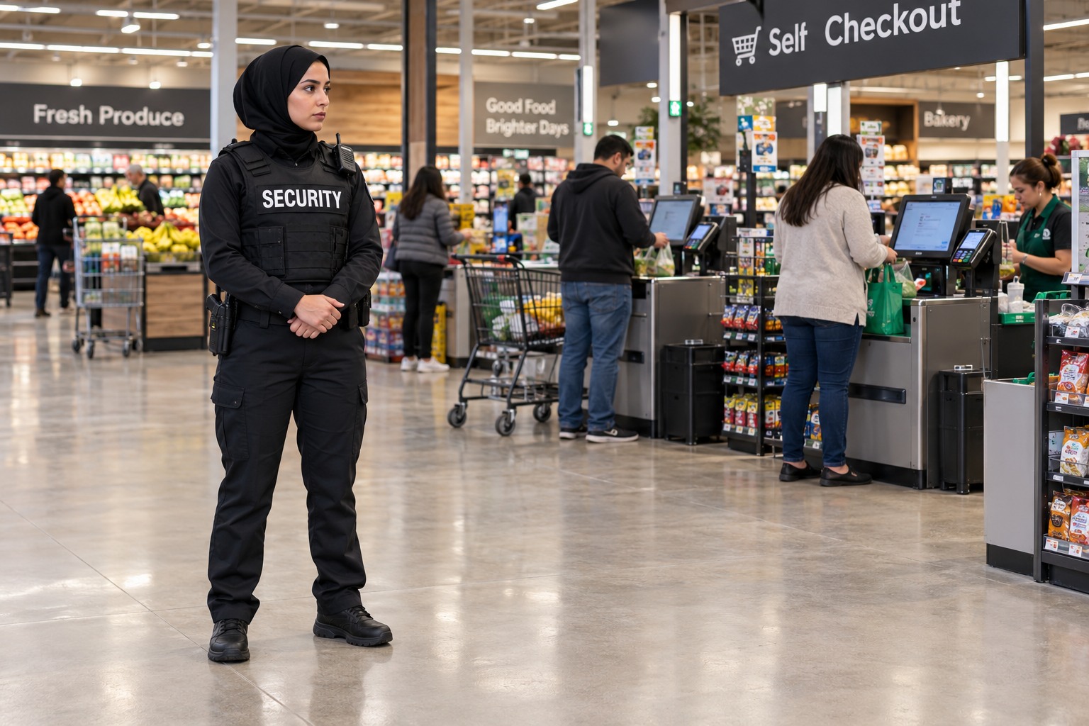 A Middle Eastern female security officer monitoring a supermarket self checkout area, store employees and ordinary grocery shoppers beyond. Full body head to toe with hands and equipment fully visible, generous margins.