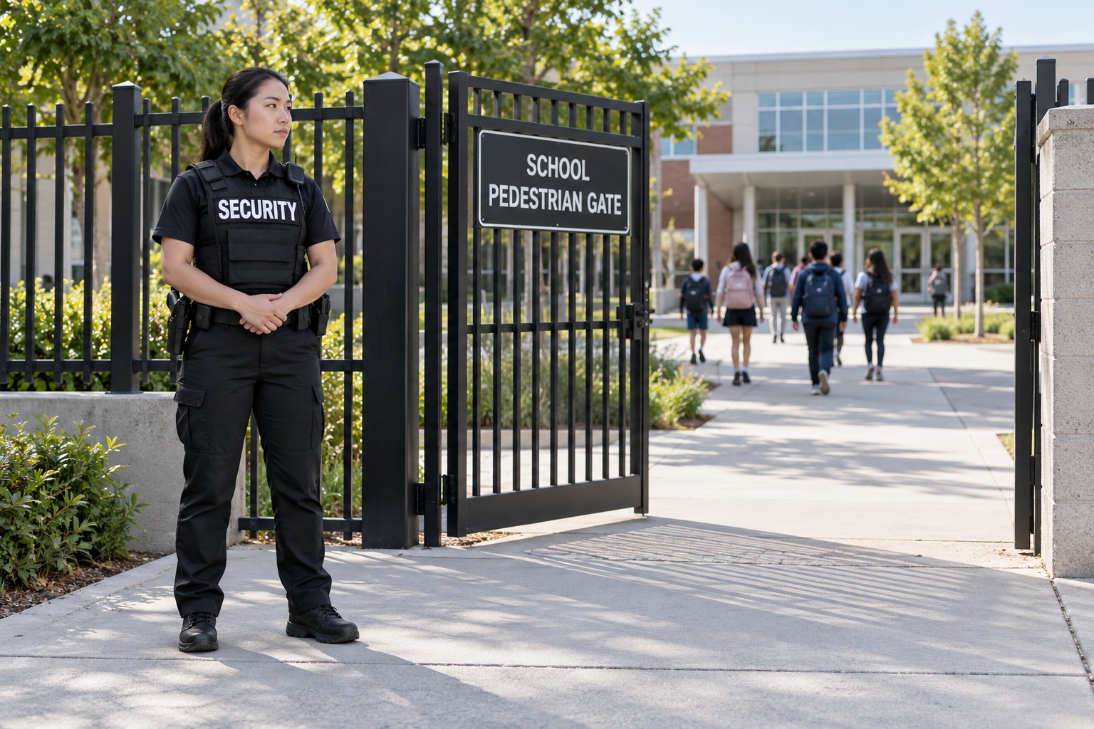 An Asian female officer monitoring a school entrance from beside a clearly marked school pedestrian gate, students distant, officer full body head to toe with generous margins.
