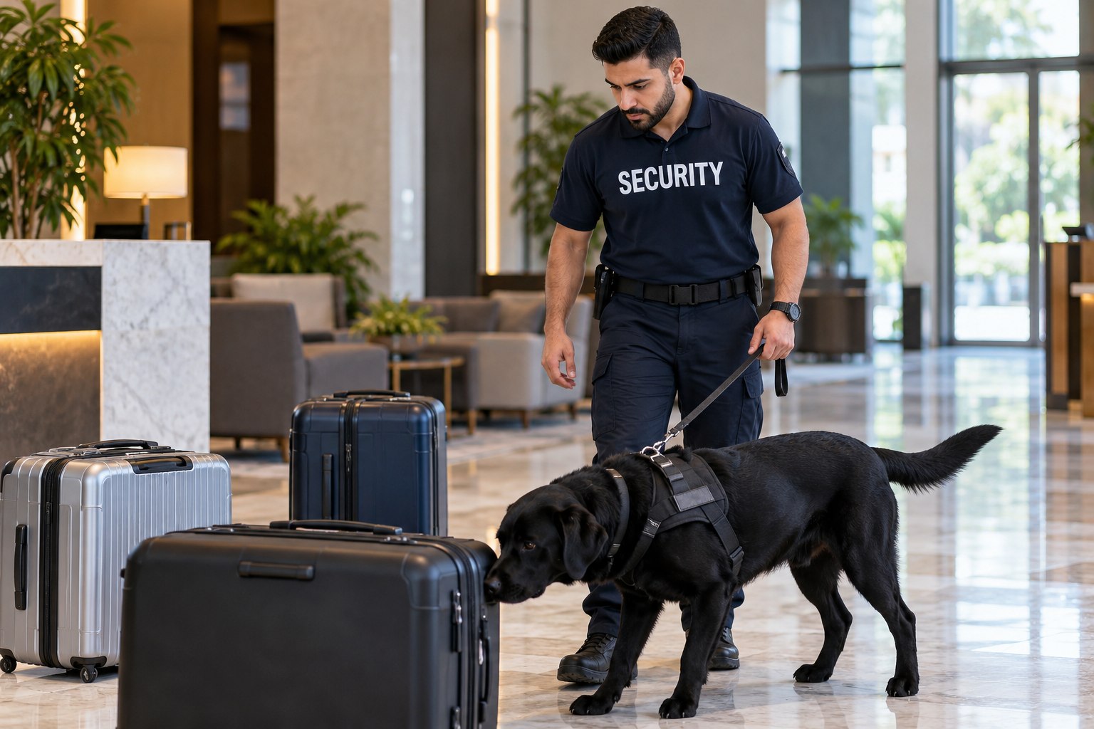 Canine narcotic detection dog handler luggage inspection