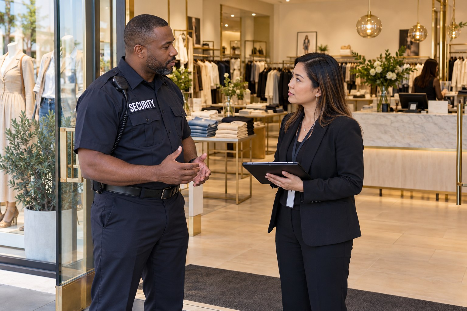 Security officer at a shopping center clothing store
