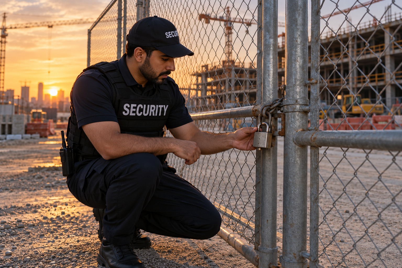 Middle Eastern male officer crouching to inspect a construction perimeter gate padlock, sunset, wide environmental view.