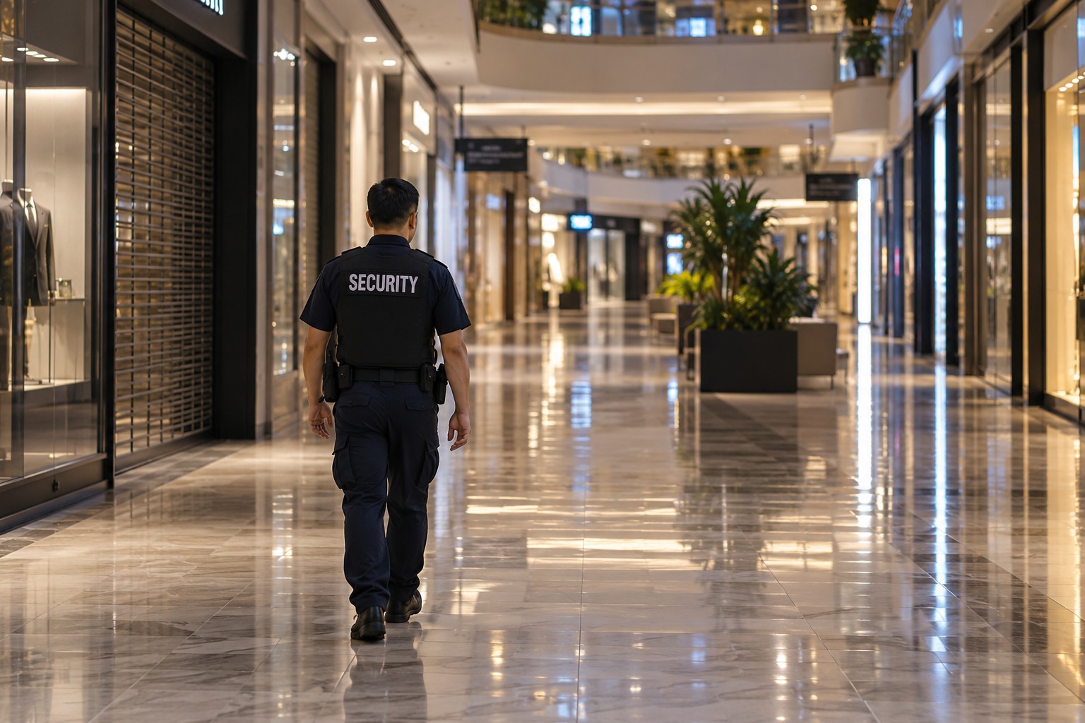 Asian male officer patrolling an indoor shopping mall corridor after stores close, reflective floors, rear full body wide view.