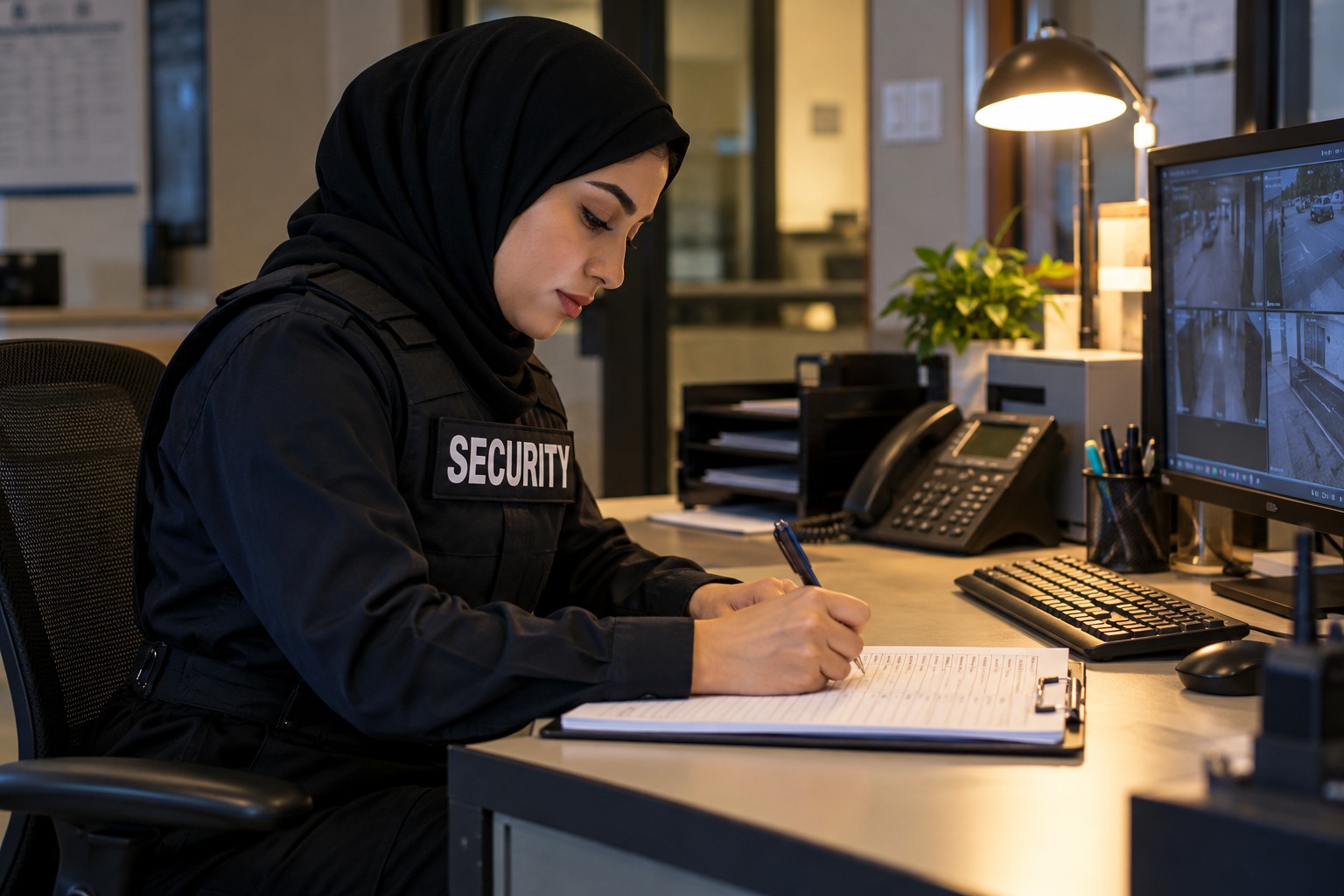 Middle Eastern female officer writing an incident report alone at a security desk, warm office lighting, environmental side view with SECURITY visible on shirt.