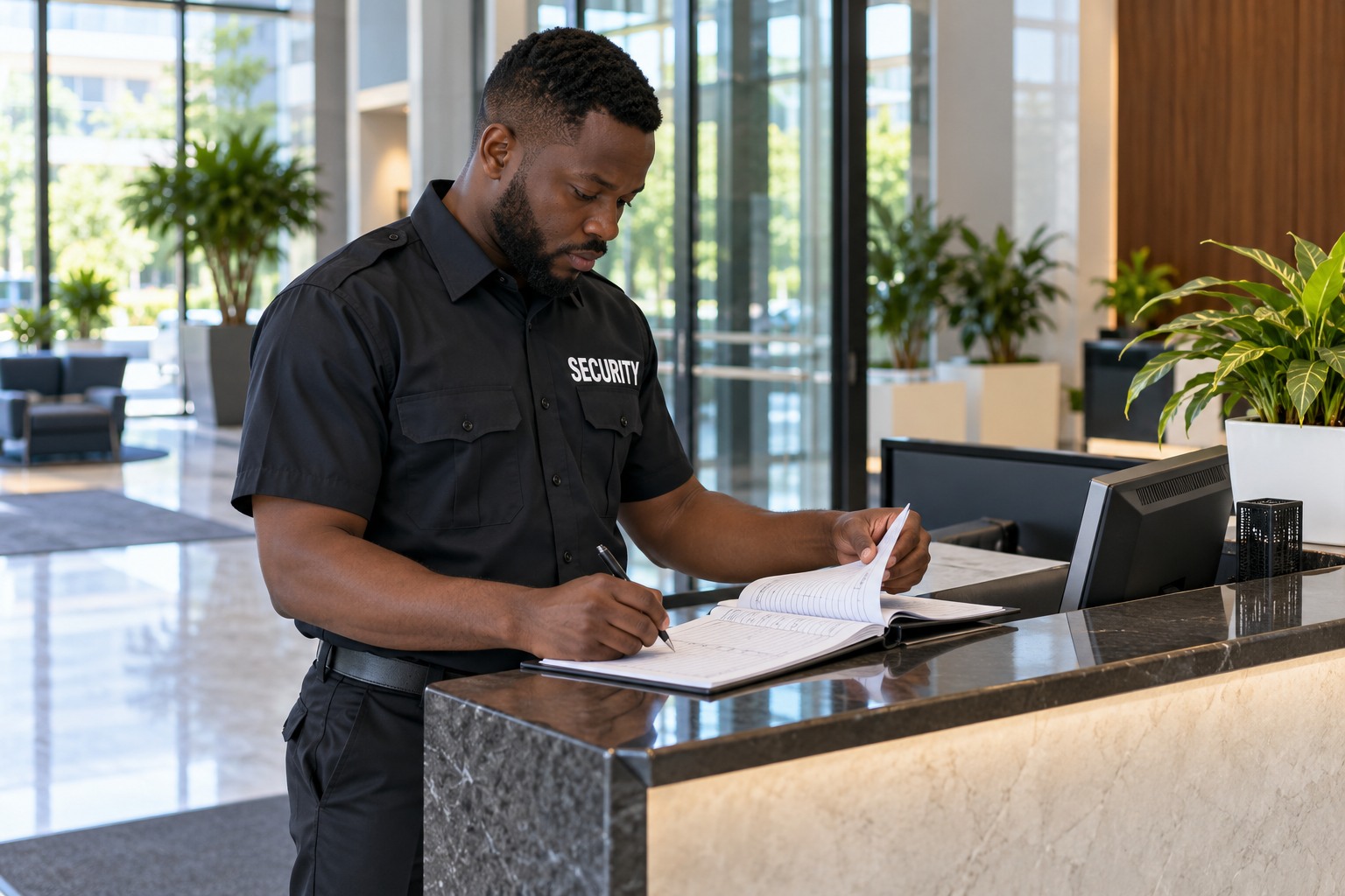 Black male officer checking a visitor logbook alone at a modern corporate reception, daylight, security shirt clear, no other foreground person.